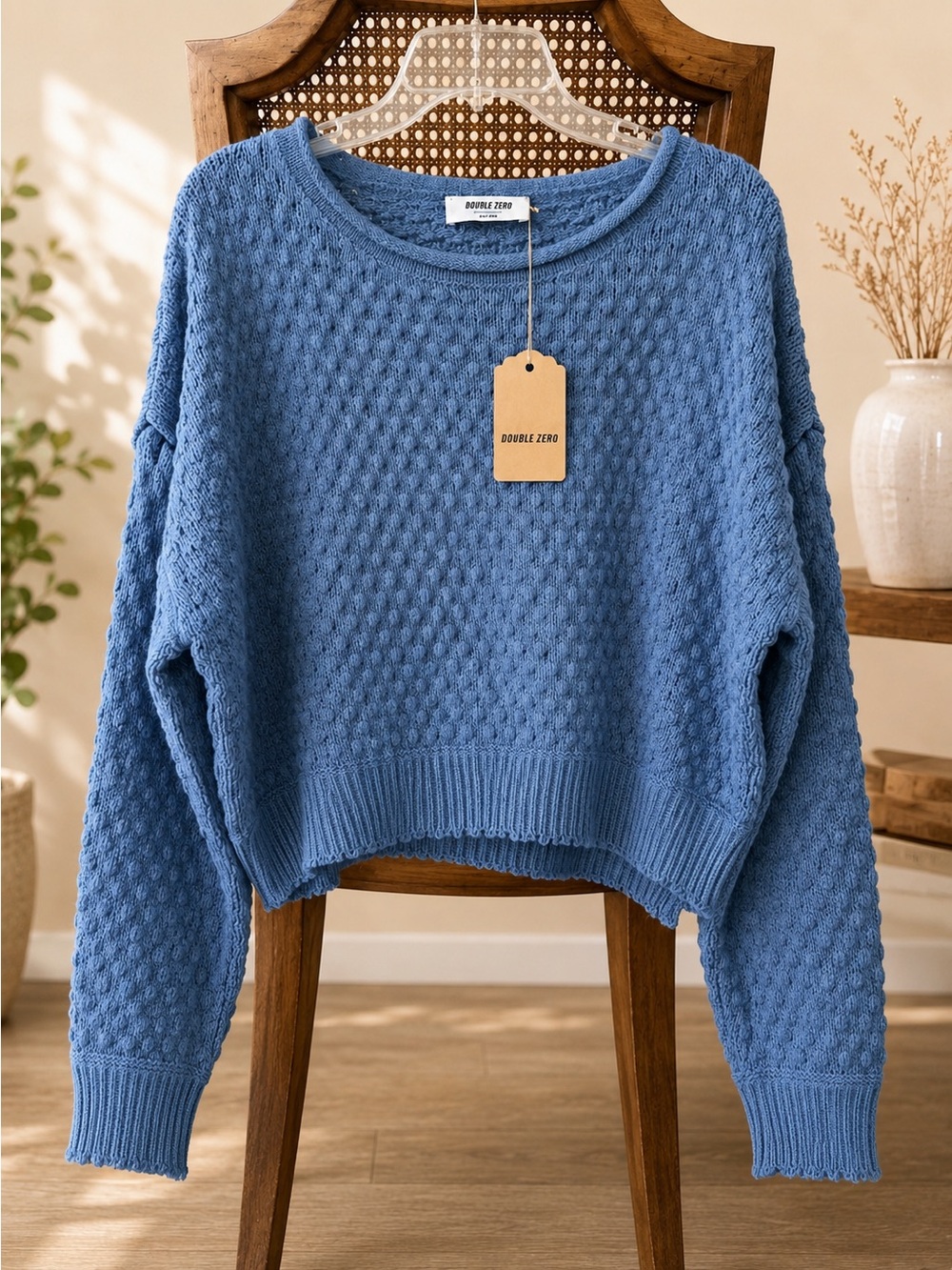 Double Zero Dusty Blue Textured Crewneck Sweater